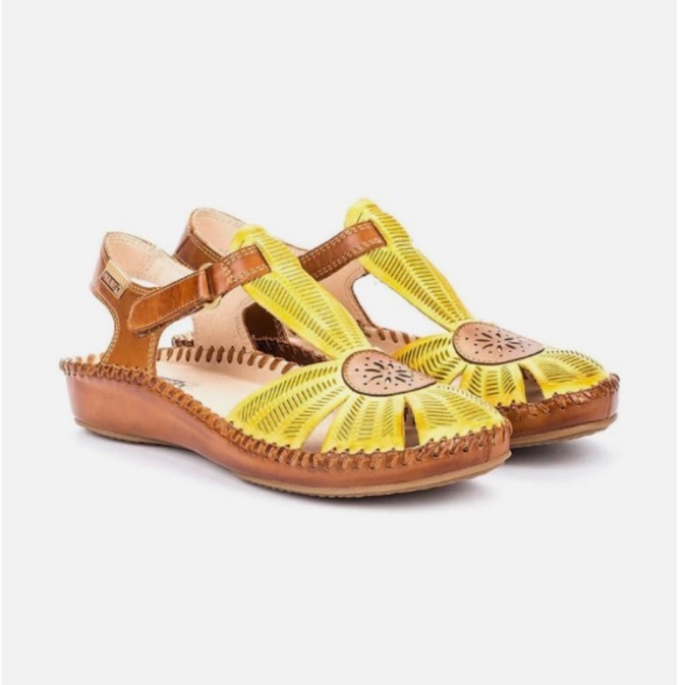 Yellow Leather Cutout Women's Sandals with Brown Trim PIKOLINOS